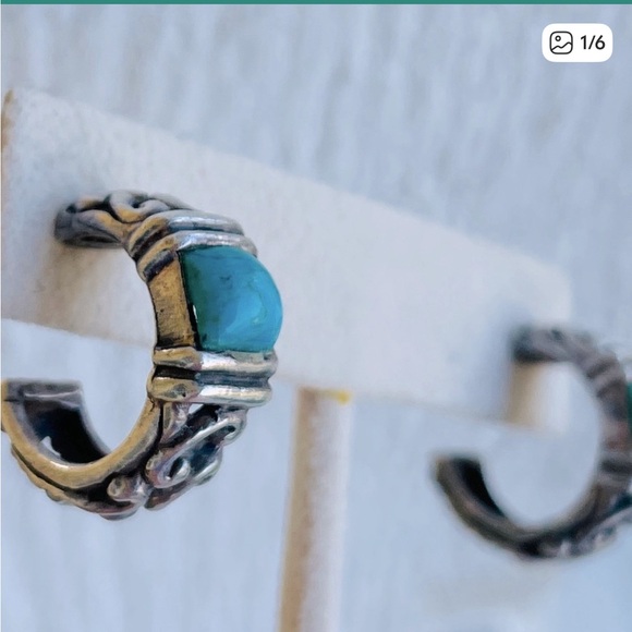 Jewelry - Vintage 925 Sterling Silver & Turquoise Hoop Pierced Earrings 9 grams